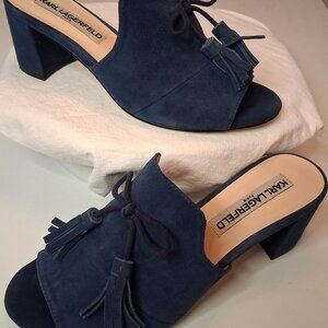 Karl Lagerfeld Paris Blue Suede Tassel Mules Block Heel Open Toe HOLLY Size 6.5